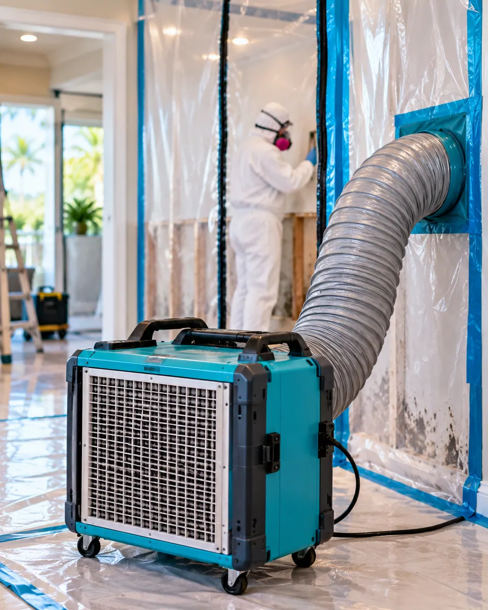 HEPA air scrubber and poly containment set up for mold remediation in Boynton Beach